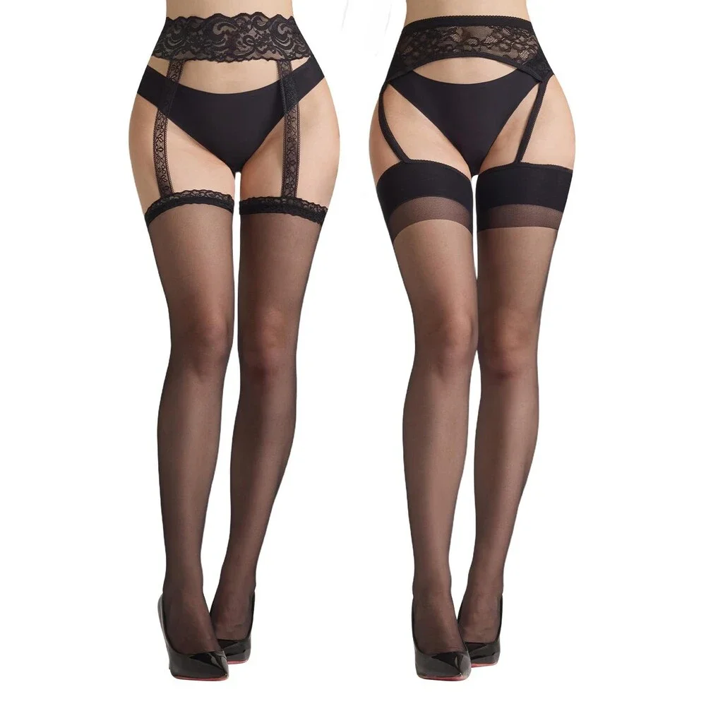 Aaronano Women's 2 Pairs Patterned Garter Tights Lace Suspender Pantyhose L-XL